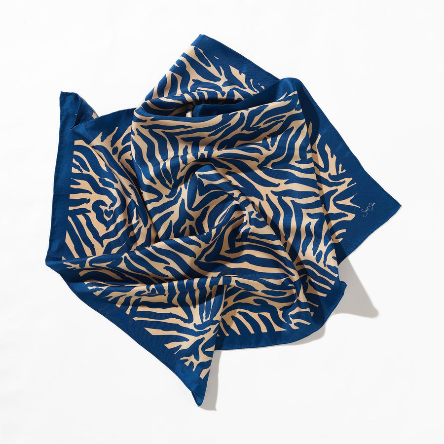 Zebra, Blue & Cream Silk Twill Scarf